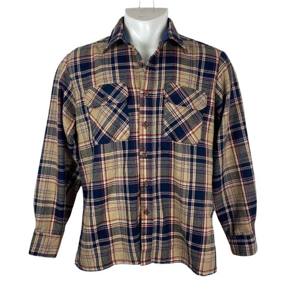 Vintage Flannel Shirt Shacket Mens Size Large Plaid Brown Rugged Outdoor Fall